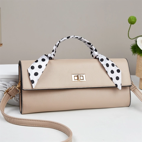 Elegant Women PU Leather Shoulder Crossbody Handbag With Litchi Texture Golden Twist Lock Scarf Wrapped Handle Vintage