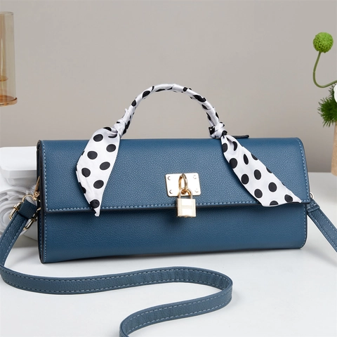 Women Litchi Grain PU Leather Shoulder Bag Crossbody Handbag With Gold Lock And Polka Dot Scarf Wrapped Handle Square