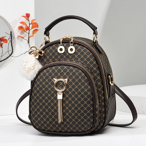 Mini Mochila Cuero PU Compartimentos Múltiples Moda Patrón Rombos Herrajes Oreja Gato Borla Perla Artificial Bola Piel Mujeres