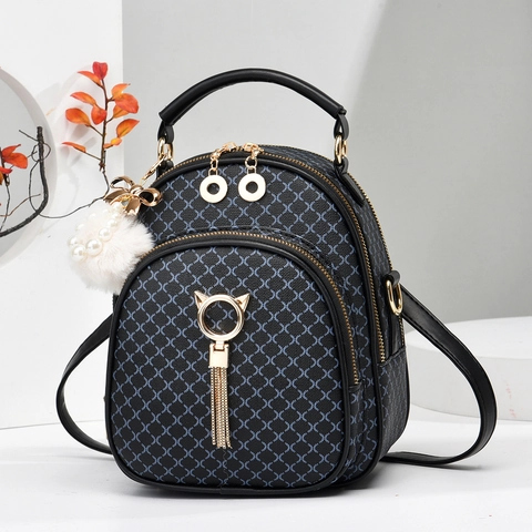 Mini Mochila Cuero PU Compartimentos Múltiples Moda Patrón Rombos Herrajes Oreja Gato Borla Perla Artificial Bola Piel Mujeres