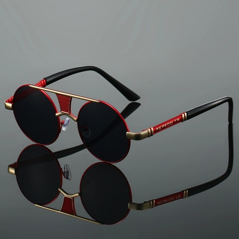 Lunettes De Soleil Rondes Rétro Monture Métal Verres PC Double Pont Protection UV400 HD Steampunk Vintage Pour Hommes