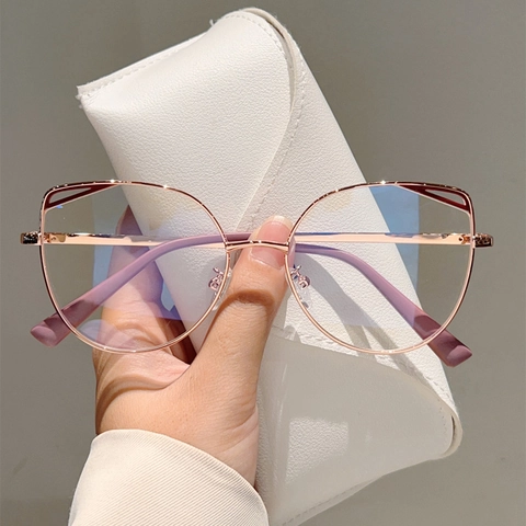 Occhiali Donna Occhio Di Gatto Anti Luce Blu Montatura In Metallo Lenti PC Alla Moda Trasparenti