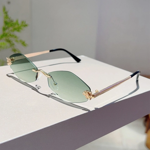 Randloze Geometrische Zonnebril Metalen Frame Luipaard Decor UV400 Gradiënt Lenzen Mode Luxe Brillen