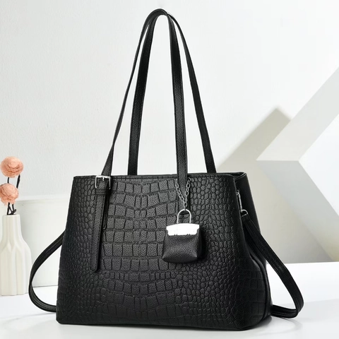 Krokodilmuster PU Leder Tote Handtasche Elegant Mode Große Kapazität Schultertasche Mit Mini Tasche Anhänger Für Damen