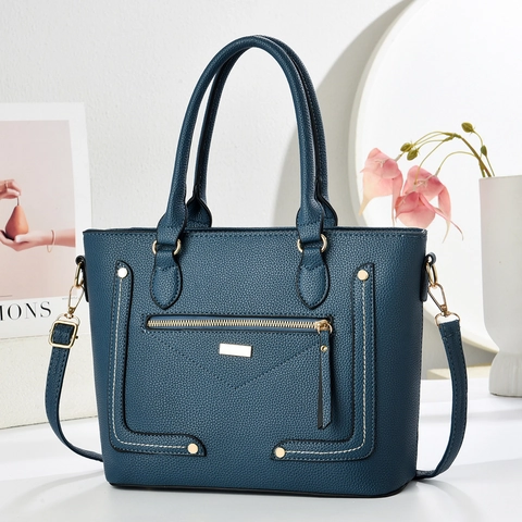 Sac À Main Mode Femme Cuir PU Texture Litchi Double Poignée Sac Bandoulière Décor Rivets Style Urbain Simple