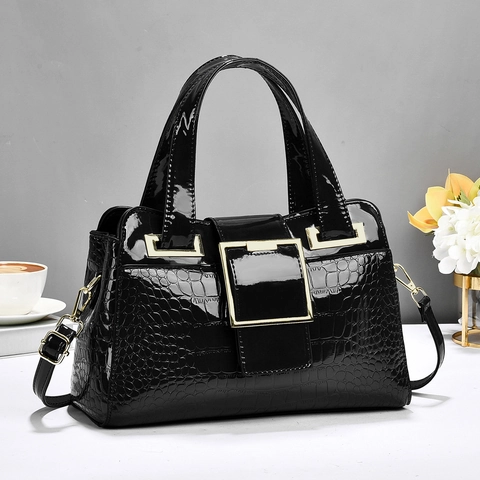 Elegant Crocodile Pattern Patent Leather Handbag With Gold Square Buckle Top Handle Crossbody Bag For Women Fashion