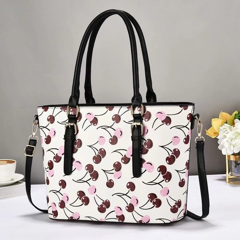 Borsa Tote Da Donna Con Stampa Ciliegia In Pelle PU Borsa A Mano Tracolla Regolabile Cerniera Casual Di Tendenza
