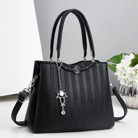 Borsa A Mano Donna Pelle PU Goffrata Trama Nido Ape Borsa A Tracolla Borsa A Spalla Con Pendente A Fiore Elegante Versatile