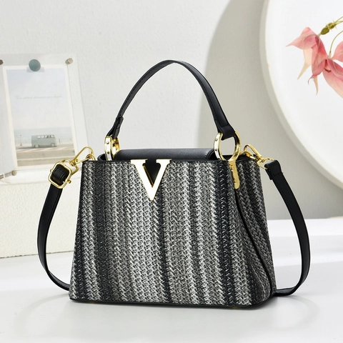 Damen Gestreifte Gewebte Handtasche Retro PU-Leder Umhängetasche Mit Metall-V-Logo Elegante Schultertasche Trendy Alltag