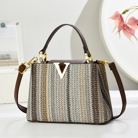 Damen Gestreifte Gewebte Handtasche Retro PU-Leder Umhängetasche Mit Metall-V-Logo Elegante Schultertasche Trendy Alltag