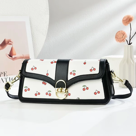 Bolso De Hombro Para Mujer Cuero PU Estampado Cereza Dulce Color Contraste Bandolera Cuadrada Niche Bolso Diario