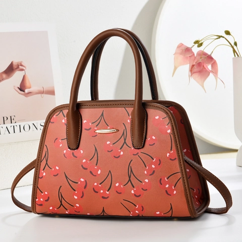 Borsa A Mano Con Stampa Ciliegie Pelle PU Vintage Manico Superiore Borsa A Tracolla Tote Con Hardware Dorato Elegante Retro Donne