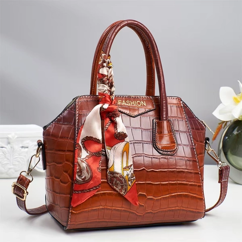 Dames Tote Handtas Krokodillenpatroon PU Leer Vintage Schoudertas Crossbody Tas Met Decoratieve Satijnn Sjaal