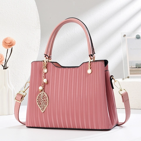 Bolso De Mano Mujer Moda Piel PU Rayas Verticales Onduladas Colgante Hoja Dorada Perla Artificial Bolso Tote Bandolera Elegante