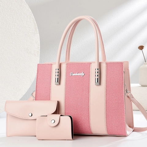 Women Tote Bag Handbag And Card Holder PU Leather Canvas Patchwork Commuter Shoulder Crossbody Bags Elegant Fashion