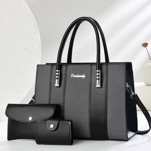 Women Contrast Color Tote Bag Handbag Pouch And Card Holder PU Leather Canvas Patchwork Stitching Large Capacity Fashion