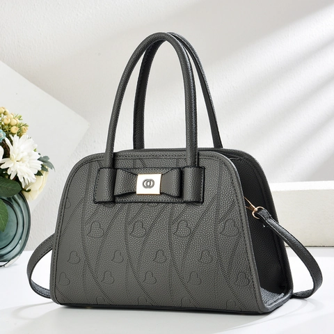 Sac À Main Femme Cuir PU Motif Litchi Gaufrage Coeur Décor De Noeud Grande Capacité Sac Bandoulière Style Commuter