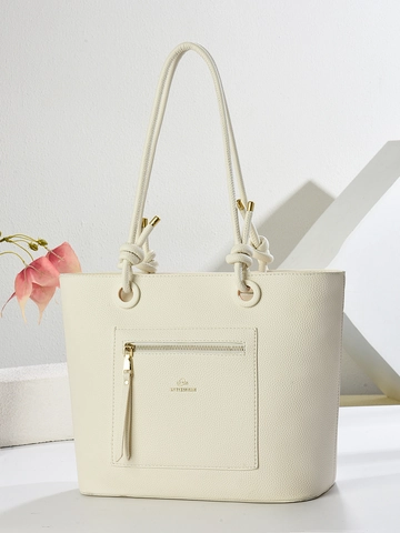 Large Women PU Leather Tote Bag Lychee Grain Handbag Front Zipper Pocket Elegant Commuter Shoulder Bag For Daily Work Travel