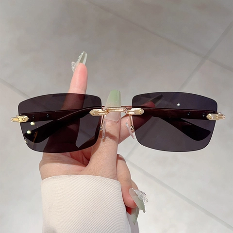 Rimless Rectangular Sunglasses With Wood Grain Texture Temples Metal Bridge UV400 Protection Retro Fashion For Men Women