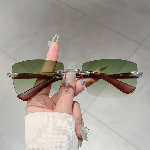 Rimless Rectangular Sunglasses With Wood Grain Texture Temples Metal Bridge UV400 Protection Retro Fashion For Men Women