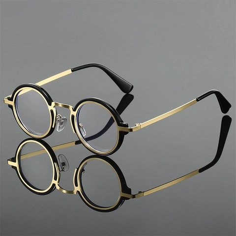 Occhiali Anti Luce Blu Con Montatura Rotonda Vintage Metallo Plastica Ibrido Senza Prescrizione Plano Ufficio Unisex