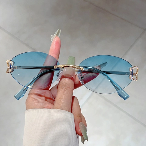 Rimless Oval Sunglasses For Women Vintage Metal Frame UV400 Protection Cut Edge Gradient Lens Fashion Trendy Eyewear