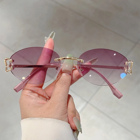 Rimless Oval Sunglasses For Women Vintage Metal Frame UV400 Protection Cut Edge Gradient Lens Fashion Trendy Eyewear