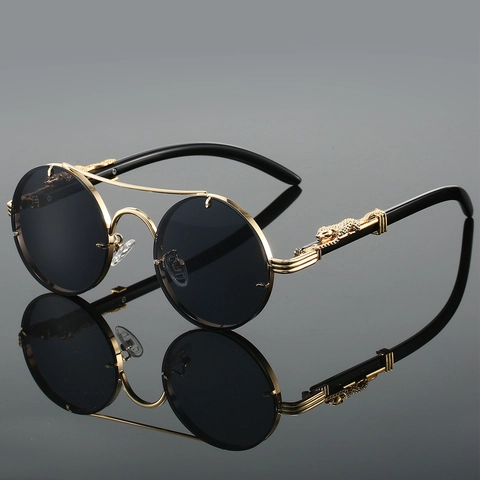 Occhiali Da Sole Rotondi Retrò Con Rilievo Leopardato In Metallo Aste Effetto Legno Doppio Ponte UV400 Uomo Donna