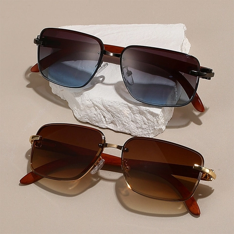 Lunettes De Soleil Sans Monture Branches Grain De Bois Décor Métal C Verres Dégradés Protection UV400 Mode Pour Hommes Femmes