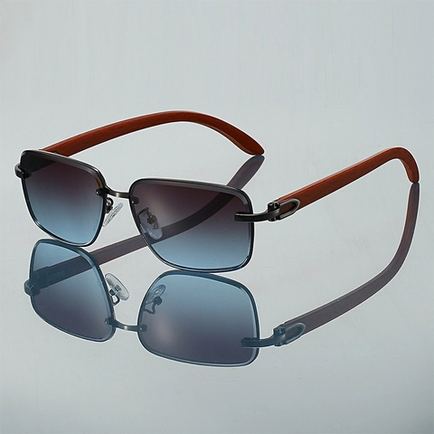 Lunettes De Soleil Sans Monture Branches Grain De Bois Décor Métal C Verres Dégradés Protection UV400 Mode Pour Hommes Femmes