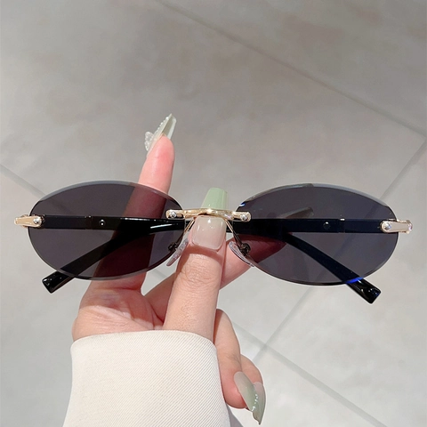 Lunettes De Soleil Ovales Sans Monture Protection UV400 Style Vintage Y2K Monture Dorée Verres Dégradés Mode