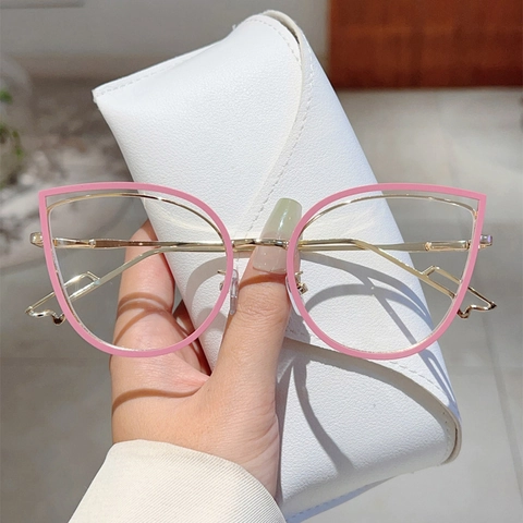 Fashion Cat Eye Anti Blue Light Glasses Metal Frame Hollow Out Spring Temple Vintage Decorative Eyeglasses For Women Office Daily