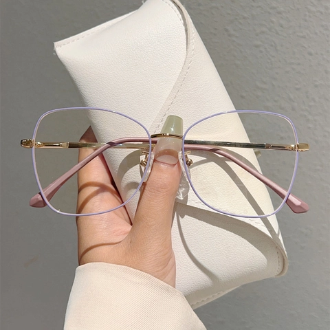 Vintage Metal Frame Anti Blue Light Glasses Fashion Polygonal Large Frame Plain Eyeglasses For Women Plain Face Frame
