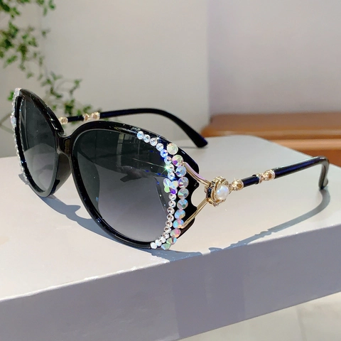 Damen Große Strass Sonnenbrille UV400 Verlauf Brillengläser Luxus Vintage Großer Rahmen Mode Sonnenbrille