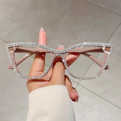 Mode Katzenauge Blaulichtfilter Brille Für Damen Strass Eingelegt PC Rahmen Dekorative Klare Linse Optische Brillen