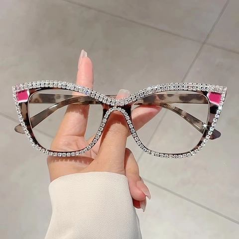 Mode Katzenauge Blaulichtfilter Brille Für Damen Strass Eingelegt PC Rahmen Dekorative Klare Linse Optische Brillen