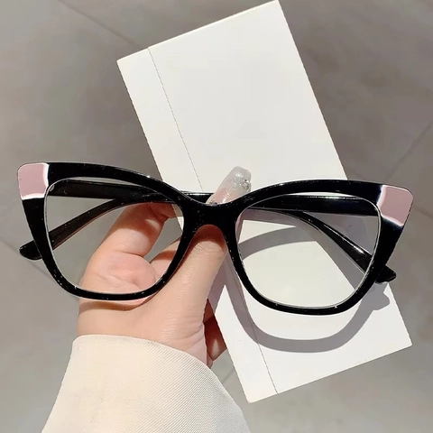 Lunettes Œil De Chat Anti Lumière Bleue Monture PC Color Block Mode Verres Transparents Pour Femmes