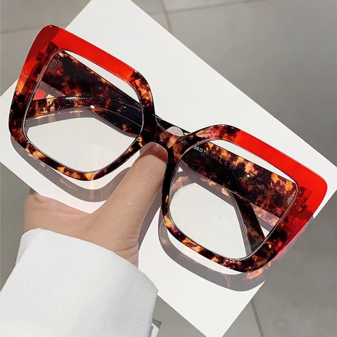 Square Large Frame Blue Light Blocking Glasses Retro Color Block Tortoiseshell PC Eyewear Fashion Women Men
