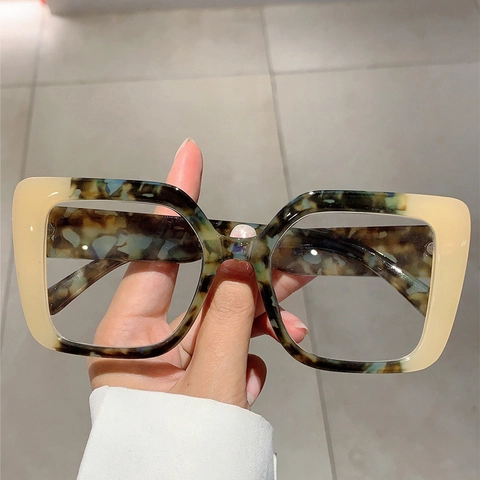Square Large Frame Blue Light Blocking Glasses Retro Color Block Tortoiseshell PC Eyewear Fashion Women Men