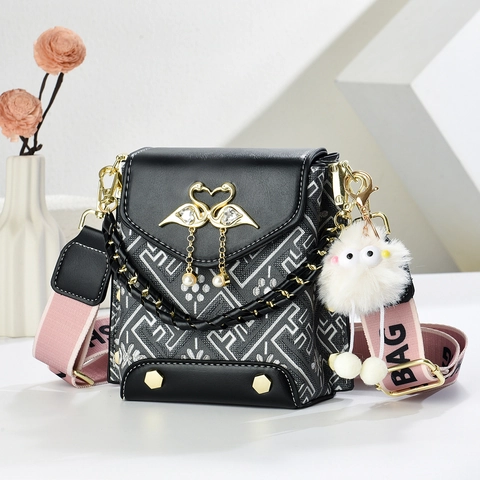 Mini Borsa A Tracolla Da Donna Moda PU Pelle Tessuto Motivo Geometrico Fibbia Cigno Cinghia Larga Borsa A Spalla