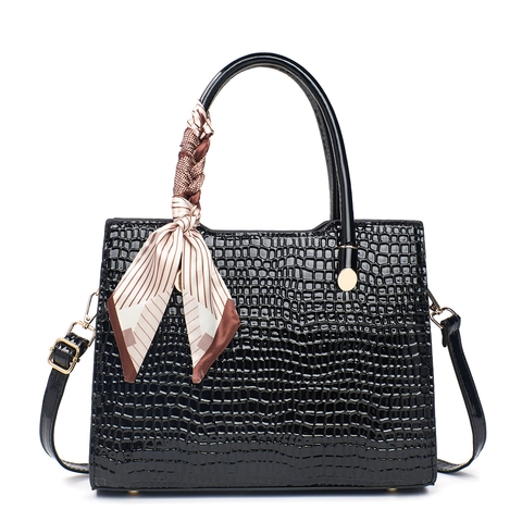 Sac À Main Femmes Motif Crocodile Cuir PU Verni Grande Capacité Fourre-Tout Avec Foulard Bandoulière Amovible Élégant
