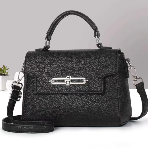 Women Handbag Lychee Pattern PU Leather Silver Chain Lock Adjustable Strap Minimalist Elegant Daily Commute Crossbody Bag