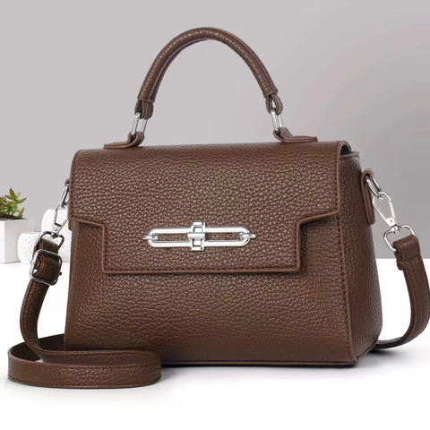 Women Handbag Lychee Pattern PU Leather Silver Chain Lock Adjustable Strap Minimalist Elegant Daily Commute Crossbody Bag