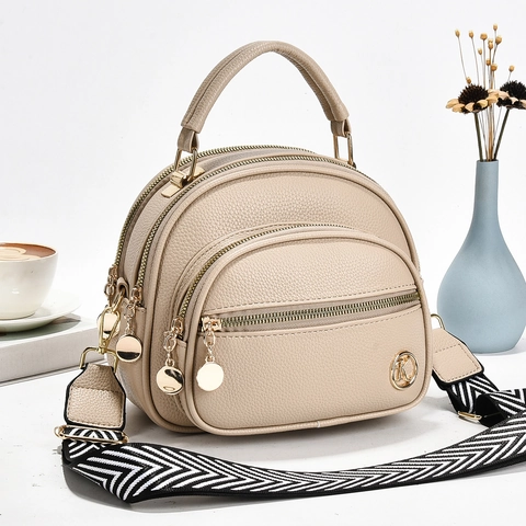 Elegante Borsa A Tracolla Da Donna In Pelle PU Con Motivo Litchi Con Scomparti Multipli Con Zip E Tracolla Larga In Tessuto