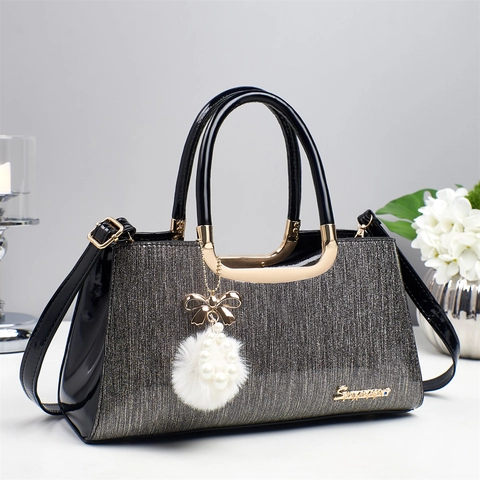 Sac À Main Pailleté Pour Femme Élégant En Cuir PU Sac À Bandoulière Avec Pendentif Künstliche Perle Et Boule De Poils