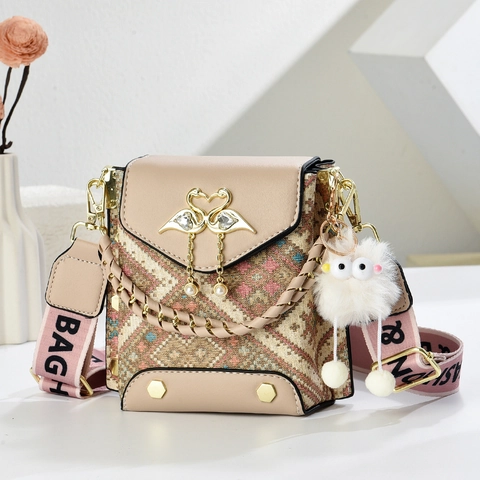 Borsa Tracolla Donna Pelle PU Jacquard Stile Etnico Mini Quadrata Borsa Spalla Tracolla Larga Cigno Deco Perla Artificial Peluche Ciondolo