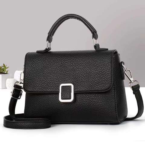 Elegant Women Crossbody Handbag Lychee Grain PU Leather With Top Handle Adjustable Strap Silver Buckle Flap Square Bag