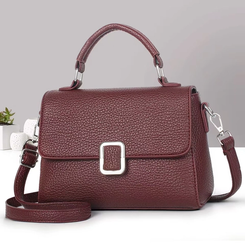 Elegant Women Crossbody Handbag Lychee Grain PU Leather With Top Handle Adjustable Strap Silver Buckle Flap Square Bag