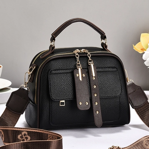 Women Litchi Grain PU Leather Handbag Wide Jacquard Strap Double Zipper Crossbody Boston Bag Rivets Casual Commuting