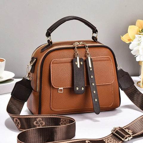 Women Litchi Grain PU Leather Handbag Wide Jacquard Strap Double Zipper Crossbody Boston Bag Rivets Casual Commuting